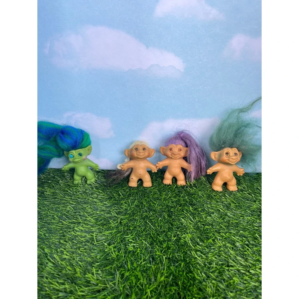 Vintage Troll Doll Lot of 4 Green Jeweled Eye and Classic 3 Inch Figures